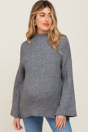 Grey Rib Knit Mock Neck Maternity Sweater