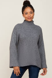 Grey Rib Knit Mock Neck Sweater