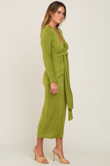 Green Draped Deep V-Neck Maxi Dress