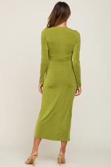 Green Draped Deep V-Neck Maxi Dress