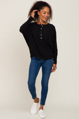 Black Ribbed Dolman Sleeve Henley Top