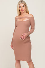 Taupe Off Shoulder Front Cutout Maternity Dress