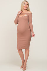 Taupe Off Shoulder Front Cutout Maternity Dress