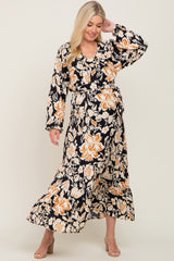 Black Floral V-Neck Maternity Midi Dress