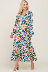 Teal Floral V-Neck Maternity Midi Dress