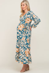 Teal Floral V-Neck Maternity Midi Dress