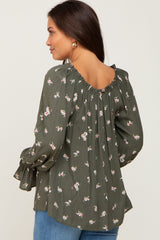 Olive Floral Off Shoulder Long Sleeve Maternity Blouse