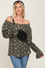 Olive Floral Off Shoulder Long Sleeve Blouse