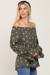 Olive Floral Off Shoulder Long Sleeve Blouse