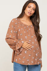 Mocha Floral Off Shoulder Long Sleeve Maternity Blouse