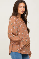 Mocha Floral Off Shoulder Long Sleeve Maternity Blouse