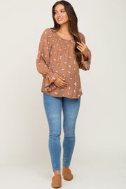 Mocha Floral Off Shoulder Long Sleeve Maternity Blouse