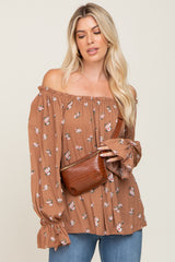 Mocha Floral Off Shoulder Long Sleeve Blouse