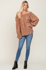 Mocha Floral Off Shoulder Long Sleeve Blouse