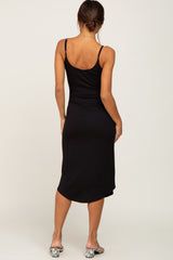 Black Ribbed Sleeveless Curved Hem Maternity Midi Dress