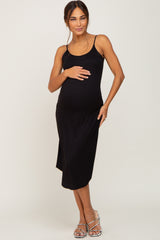 Black Ribbed Sleeveless Curved Hem Maternity Midi Dress