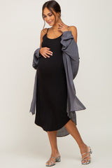 Black Ribbed Sleeveless Curved Hem Maternity Midi Dress