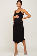 Black Ribbed Sleeveless Curved Hem Maternity Midi Dress