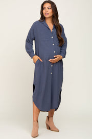 Blue Grey Button Down Front Pocket Maternity Midi Dress