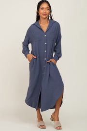 Blue Grey Button Down Front Pocket Midi Dress