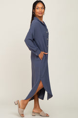 Blue Grey Button Down Front Pocket Midi Dress