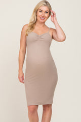 Beige Brushed Sleeveless Sweetheart Neck Maternity Dress