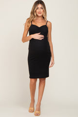 Black Brushed Sleeveless Sweetheart Neck Maternity Dress