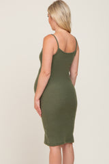 Olive Brushed Sleeveless Sweetheart Neck Maternity Dress