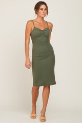 Olive Brushed Sleeveless Sweetheart Neck Dress