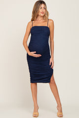 Navy Glitter Ruched Side Slit Maternity Fitted Dress