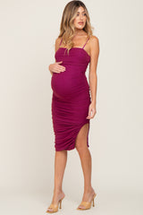 Magenta Glitter Ruched Side Slit Maternity Fitted Dress