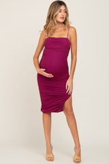 Magenta Glitter Ruched Side Slit Maternity Fitted Dress