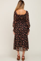 Black Floral Chiffon Smocked Waist Maternity Midi Dress