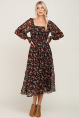 Black Floral Chiffon Smocked Waist Midi Dress