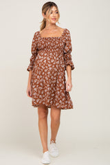 Brown Floral Ruffle Sleeve Smocked Maternity Dress