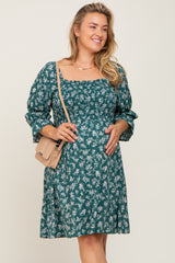 Forest Green Floral Ruffle Sleeve Smocked Maternity Plus Dress