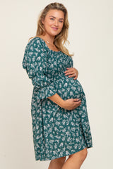 Forest Green Floral Ruffle Sleeve Smocked Maternity Plus Dress