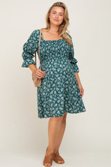 Forest Green Floral Ruffle Sleeve Smocked Maternity Plus Dress