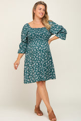 Forest Green Floral Ruffle Sleeve Smocked Maternity Plus Dress