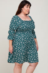 Forest Green Floral Ruffle Sleeve Smocked Plus Dress