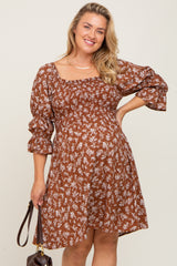 Brown Floral Ruffle Sleeve Smocked Maternity Plus Dress