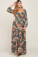 Teal Tropical Floral Maternity Maxi Dress