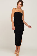 Black Ruched Asymmetric Fitted Dress