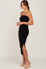 Black Ruched Asymmetric Fitted Dress