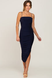 Navy Ruched Asymmetric Fitted Dress