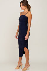 Navy Ruched Asymmetric Fitted Dress