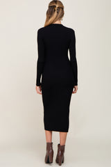 Black Ribbed Button Front Long Sleeve Maternity Dress