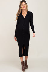 Black Ribbed Button Front Long Sleeve Maternity Dress