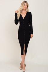 Black Ribbed Button Front Long Sleeve Maternity Dress