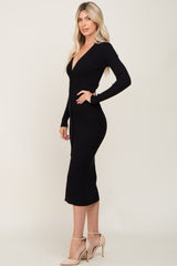 Black Ribbed Button Front Long Sleeve Dress